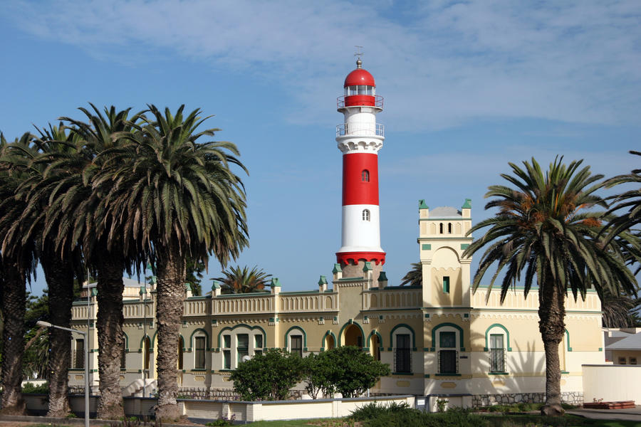 Famous Swakopmund Lighthouse in Swakopmund, city on the Atlantic coast of northwestern Namibia, 280 km (175 miles) west of Windhoek, Namibia's capital.
