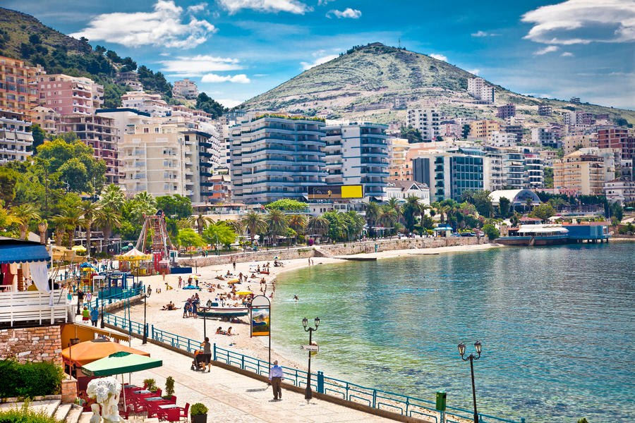 Main city promenade and pablich beach in Saranda, Albania.