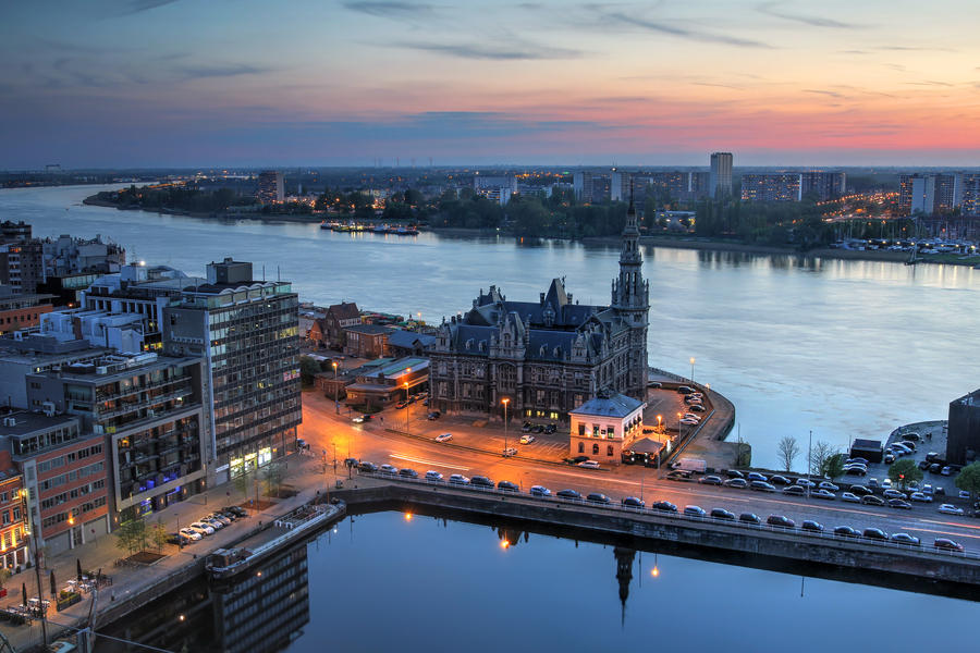 Aerial view over the city of Antwerp in Belgium from the MAS tower at twilight time.