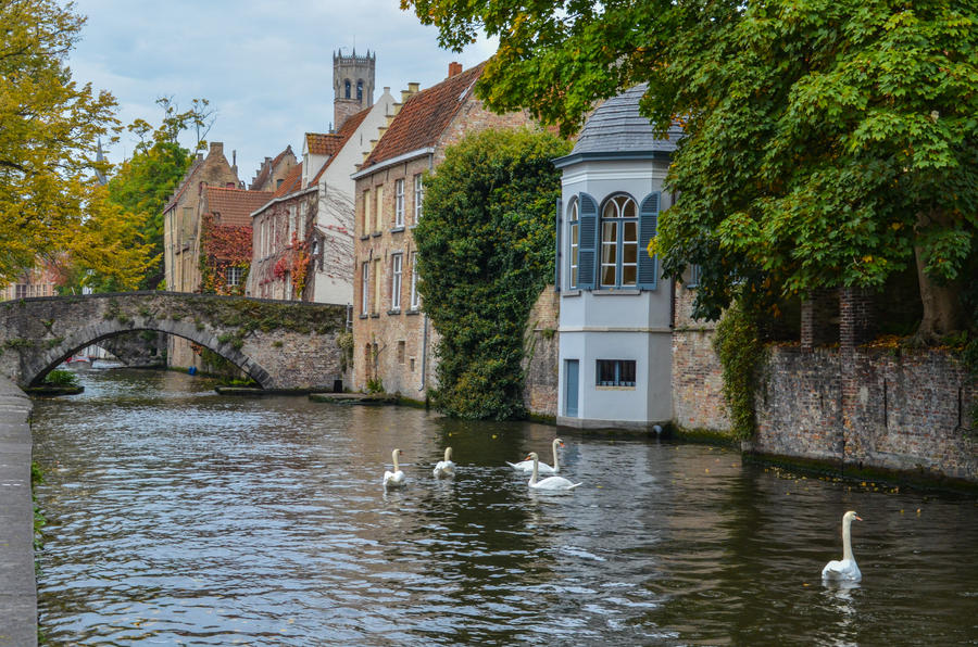 Canal and old buildings in the medieval city of Bruges in northern Belgium. This city is known as Venice of the North by its canals in the center of the city.
