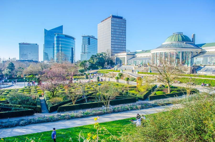 The Jardin Botanique and modern skyscrapers in Brussels, Belgium