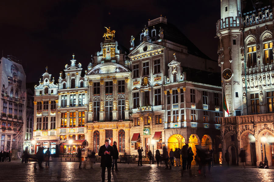 Brussels, Belgium. Illuminated houses at the Grand Place square at night in Brussels, Belgium