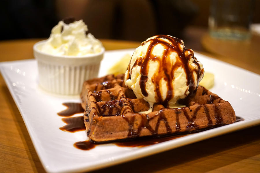 Chocolate Waffle topped with ice cream