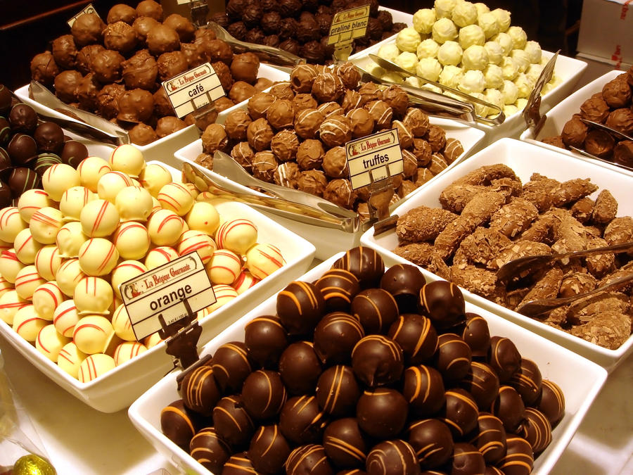 Selection of chocolate in a row, shop in Belgium