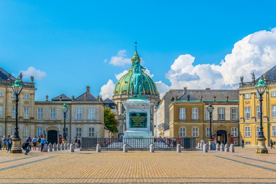 Frederik's Church known as The Marble Church and Amalienborg palace with the statue of King Frederick V in Copenhagen, Denmark