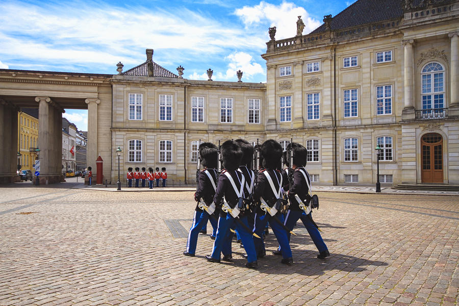 The ceremony of changing the Royal Guard in Amalienborg Castle in Copenhagen in Denmark