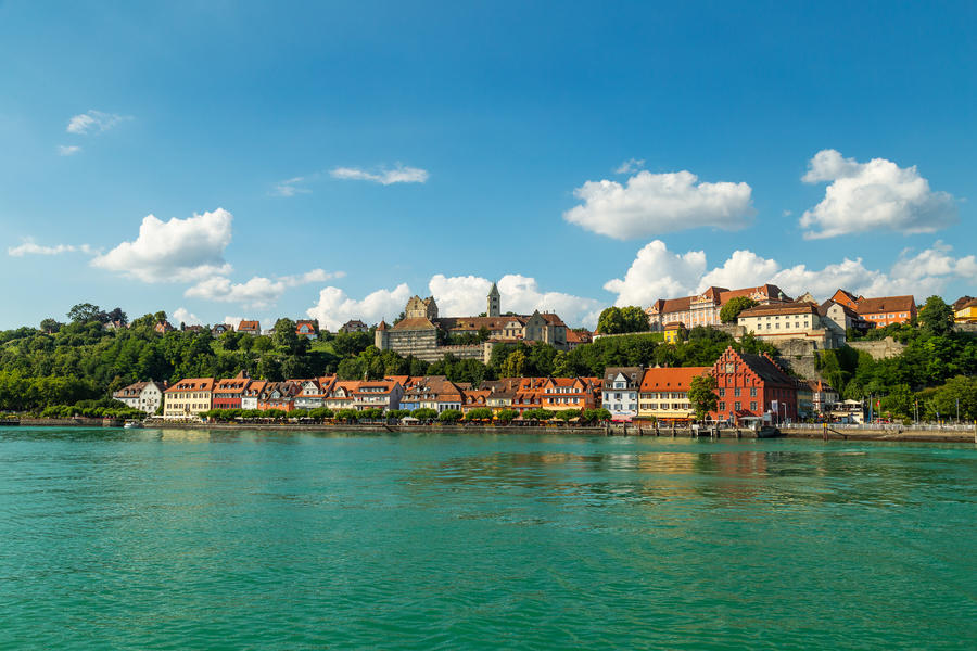 Meersburg, town in the German state of Baden-Wurttemberg on the shore of Lake Constance (Bodensee), famous for a Medieval Meersburg Castle. As seen from a ferry to Konstanz