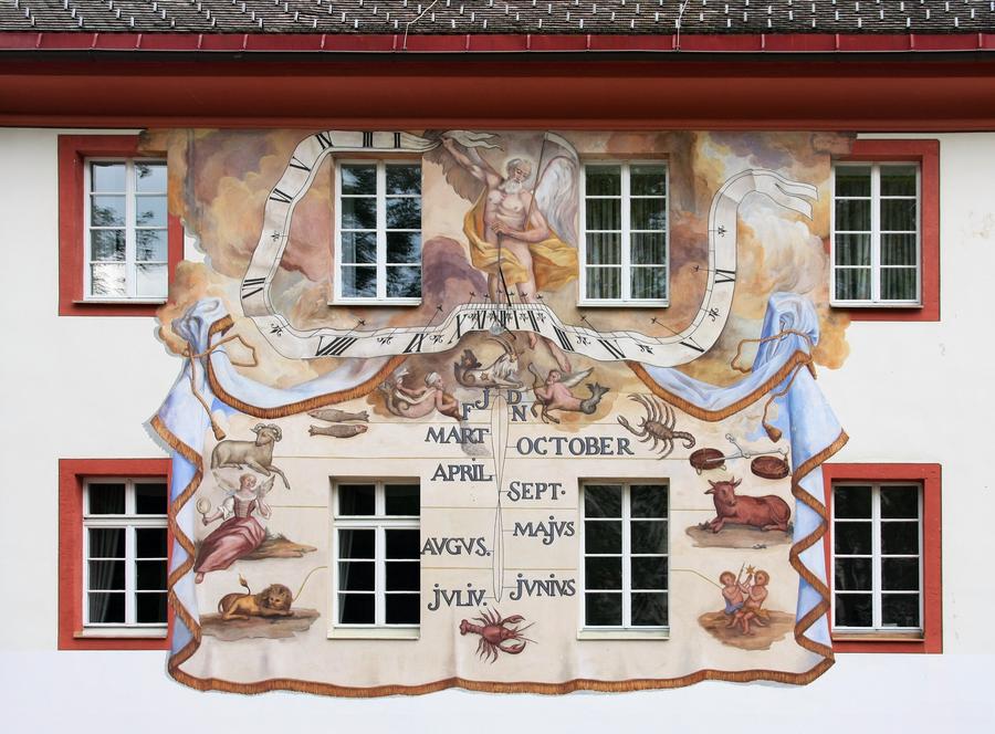 Sundial in Baroque Painting Style with precise month position, St. Blasien, Germany, 1780.