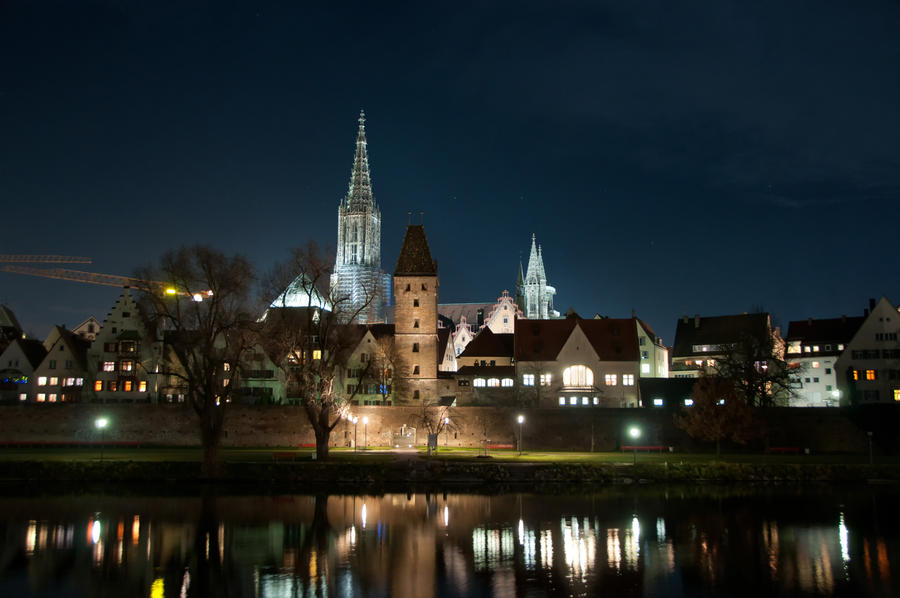 Skyline of German City Ulm with Cathedral (Munster) at night