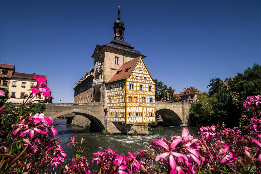 Old town hall of Bamberg in Germany with flowers in the front