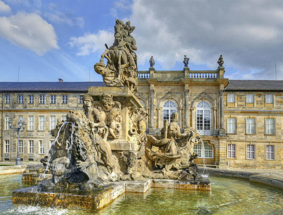 Bayreuth - Fountain and New Palace (Neues Schloss), seat of the margraves from 1753. Bayreuth is famous for its annual festival for operas of Richard Wagner.