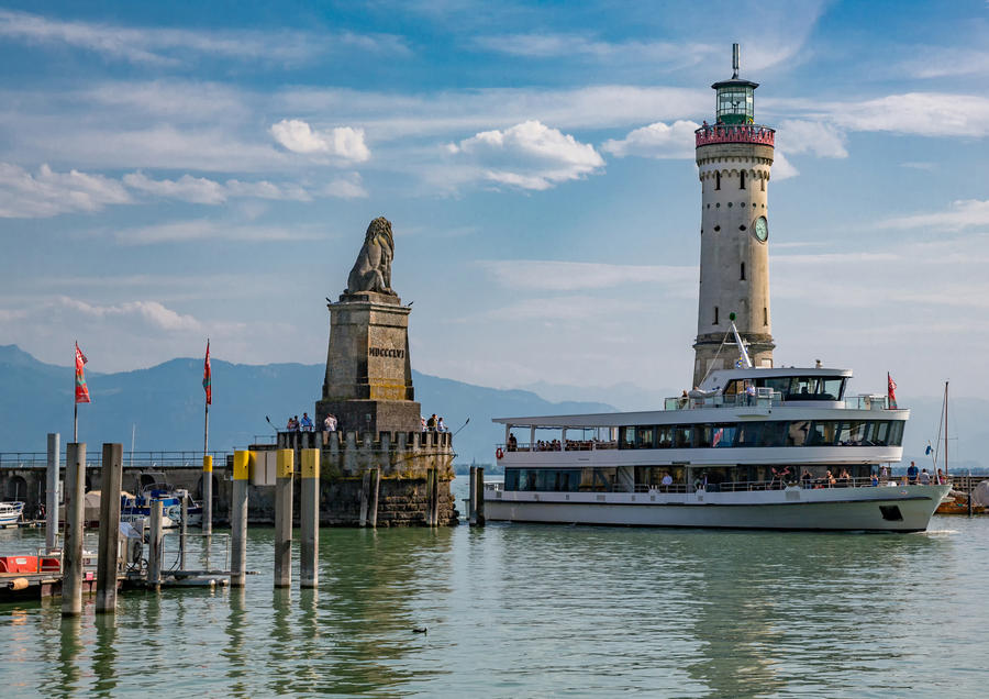 Port entrance of the harbour in the city of Lindau at the Lake Constance or Bodensee in southern Germany