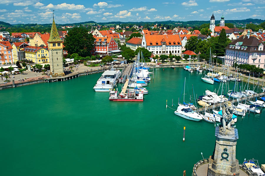 Boats at port of Lindau harbour, Lake Constance, Bavaria, Germany