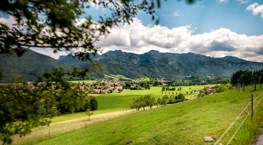 Panoramic View over Aschau im Chiemgau from above in summer on a beautiful day