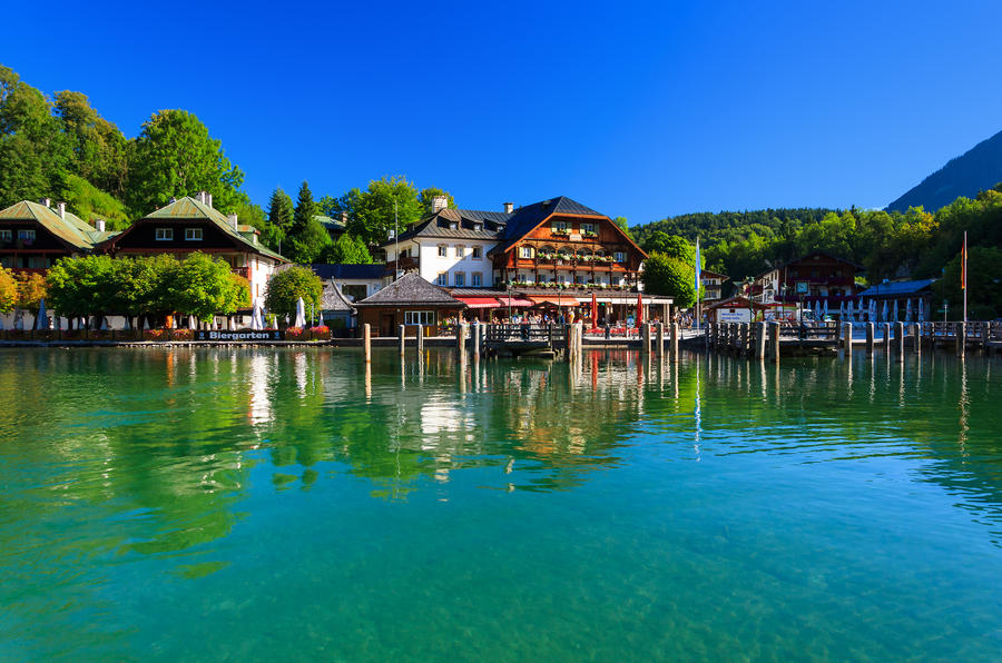 View of village on the shore of Konigsee mountain lake, Bayern, Germany