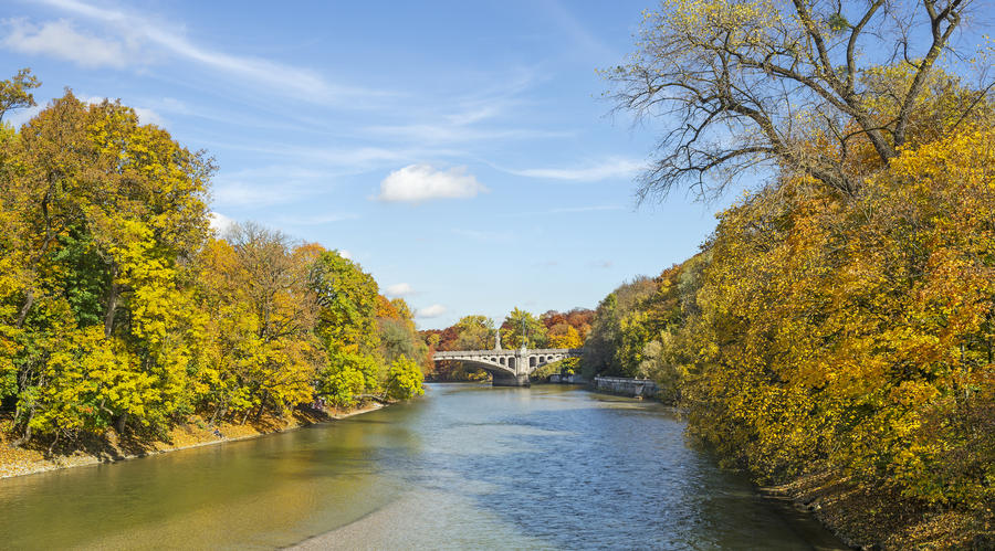 View of the river "Isar" in Munich in Bavaria in the autumn