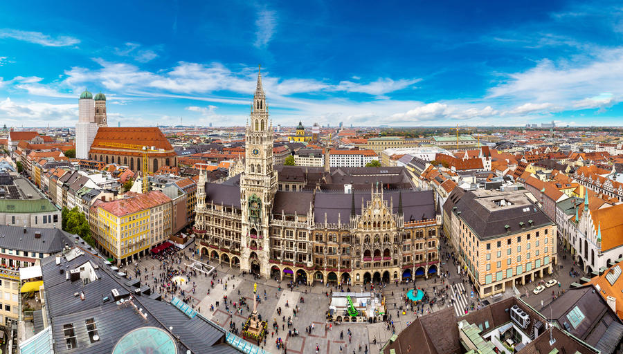 Aerial view on Marienplatz town hall and Frauenkirche in Munich, Germany