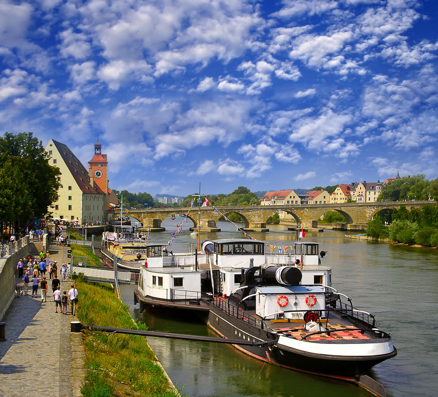 View of Regensburg embankment, Bavaria, Germany, UNESCO World Heritage Site