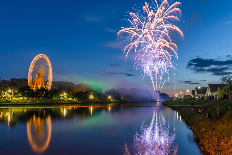 Firework at folk festival with ferris wheel in Regensburg