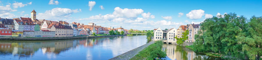 Riverside of the Danube river in Regensburg, Germany, panoramic view