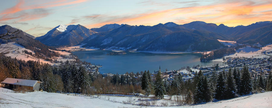 Panoramic view to lake schliersee, wintry german landscape