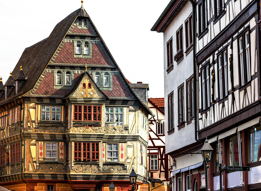 Historic medieval houses in picturesque little town Miltenberg, by the Odenwald forest and the river Main, Germany