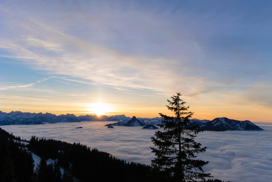 Sunset on mount Wallberg, a mountain near lake Tegernsee in Bavaria, Germany.