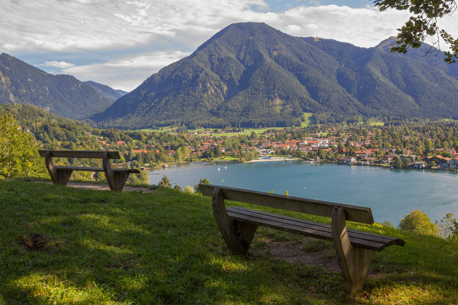 lookout point with benches, view to rottach-egern and wallberg, bavaria