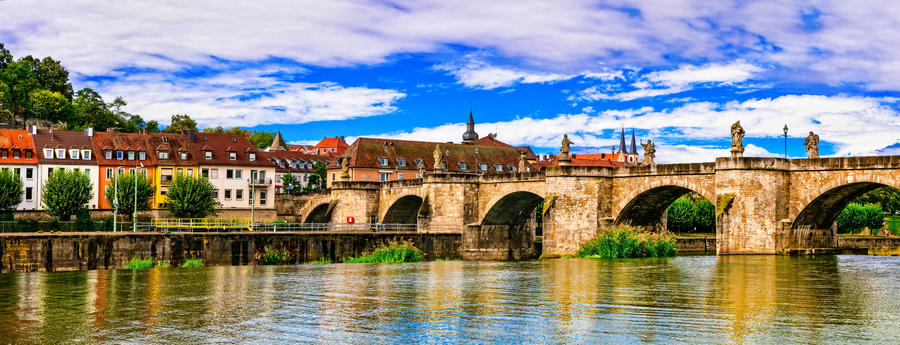 Medieval beautiful towns of Germany - Wurzburg. View with old bridge. Northen Bavaria