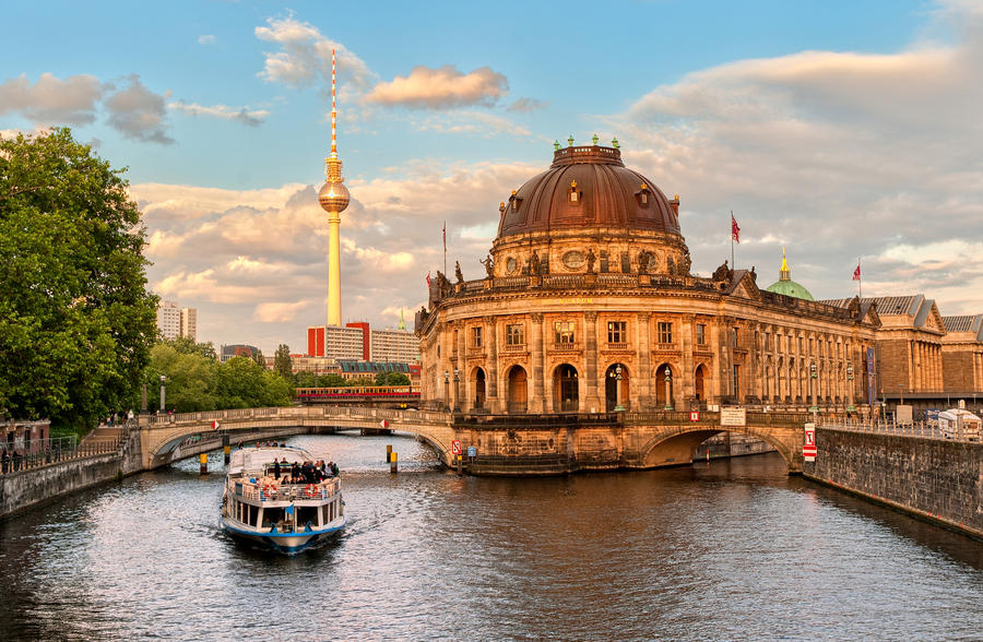 Museum island on Spree river and Alexanderplatz TV tower in center of Berlin, Germany