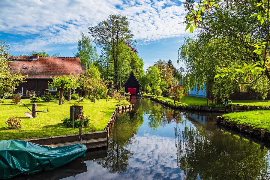Landscape with cottages in the Spreewald area, Germany.