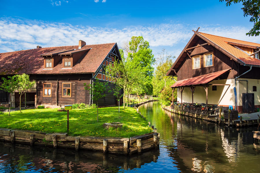 Landscape with cottages in the Spreewald area, Germany.