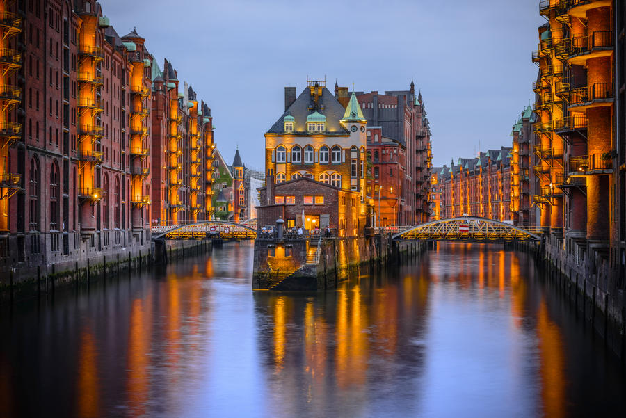 Hamburg city of warehouses palace at night