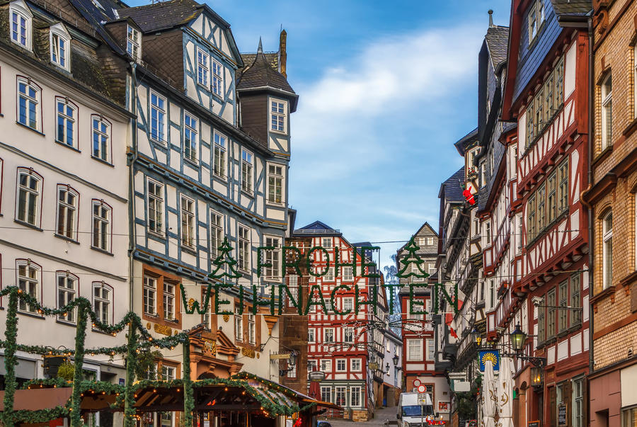 street in Marburg with half-timbered houses, Germany