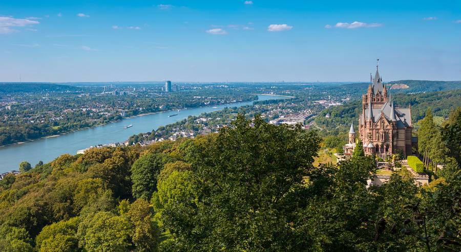 view of the Drachenburg Castle from the Drachenfels at Bonn, Germany