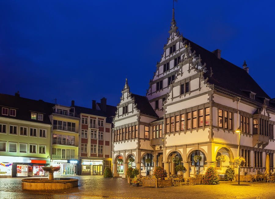 In the evening. The Renaissance town hall was constructed in 1616 on a market square of the city of Paderborn, Germany.