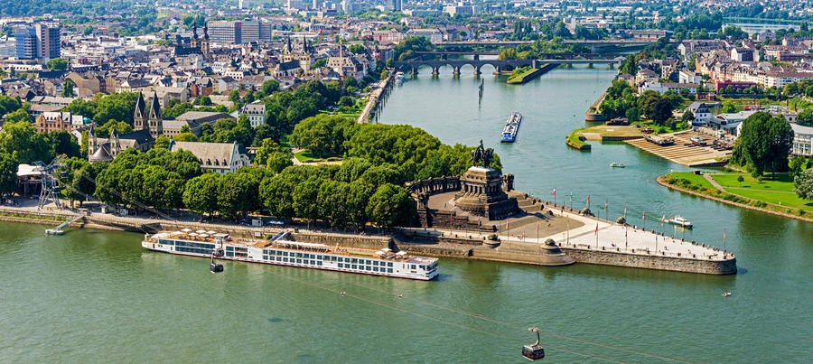 View on Koblenz, the river Mosel and Deutsches Eck from the fortress Ehrenbreitstein. Where the Rhine and Mosel Rivers Meet.