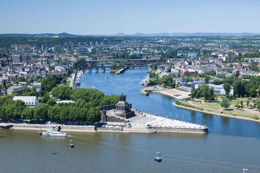 An elevated view of Koblenz and the German Corner (Deutsches Eck) where the rivers Rhine and Mosel meet.