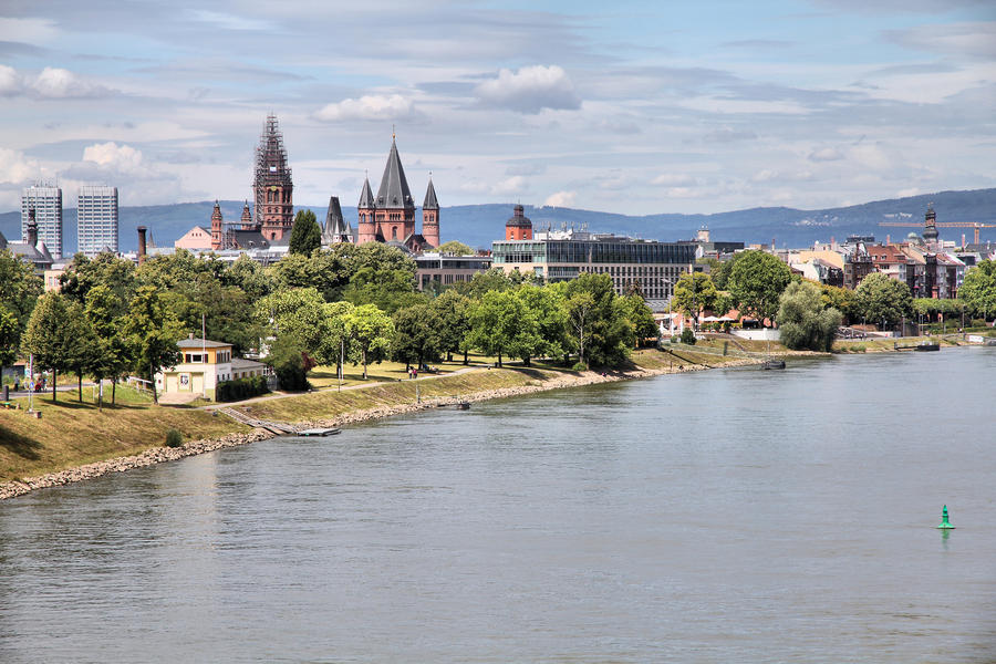 Mainz, Germany - town in Rhineland-Palatinate region. Cityscape skyline with river Rhine.