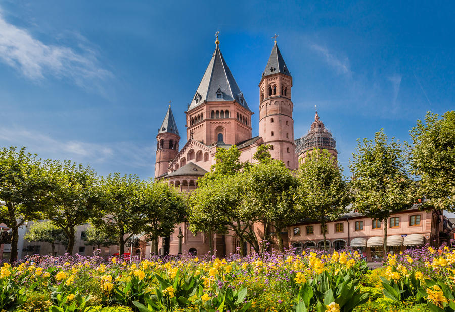 Ancient cathedral in Meinz, Germany surrounded by spring flowers