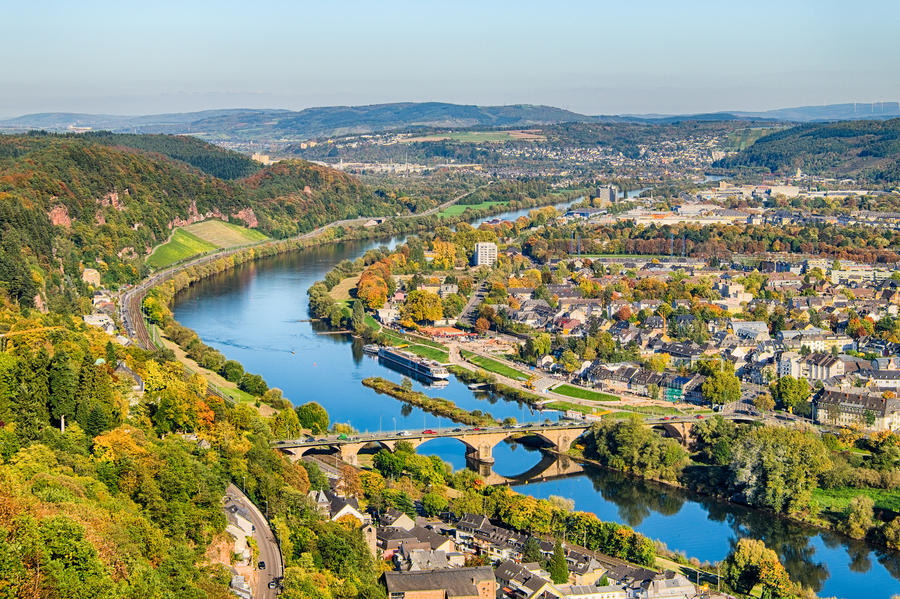 Autumn view on city of Trier and Mosel river from above