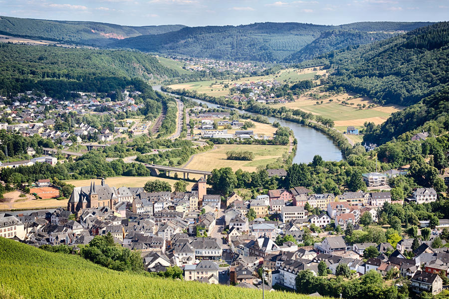 View over the town of Saarburg, Germany from the top of a nearby hill.