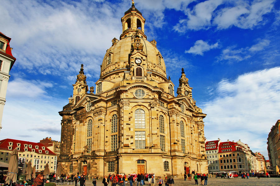 Church Frauenkirche in Dresden Germany on a sunny day with blue