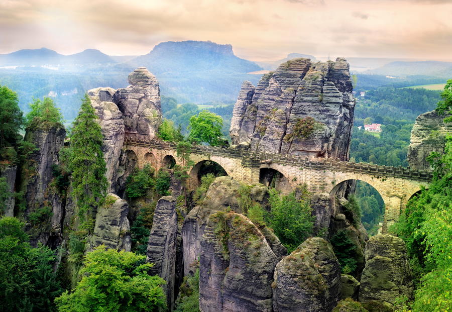 Bastion Bridge in the Saxon Switzerland area in Germany, leading to a former medieval castle. Dresden, Saxonia, Germany.