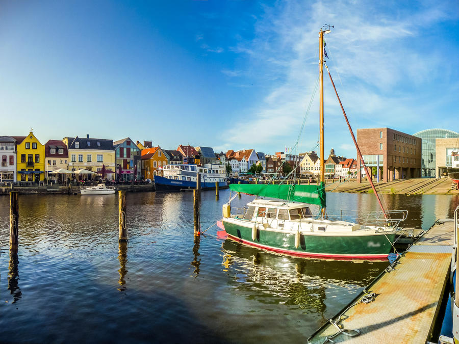Beautiful view of the old town of Husum, the capital of Nordfriesland and birthplace of German writer Theodor Storm, in Schleswig-Holstein, Germany