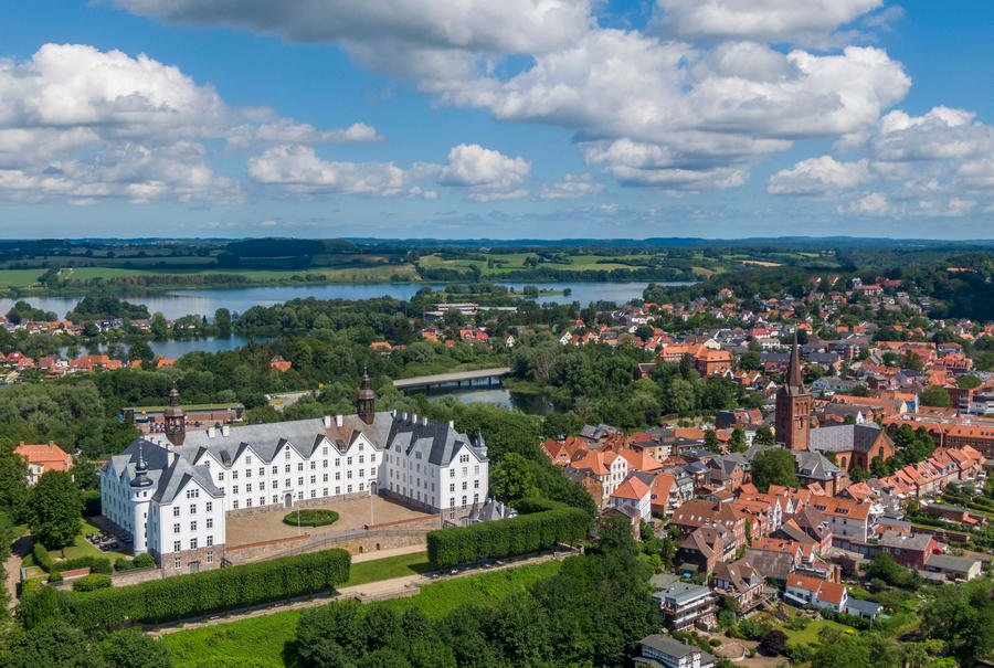 Aerial view of Ploen castle and old town, Germany