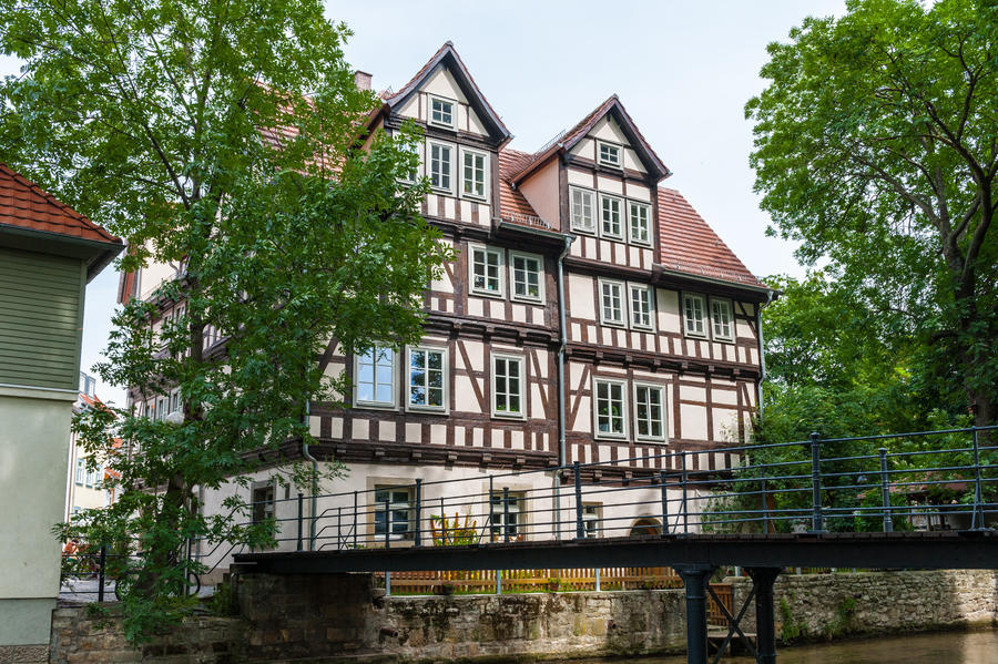 Beautiful nature and houses of the touristic part of the city of Erfurt, Germany. Erfurt is the Capital of Thuringia and the city was first mentioned in 742