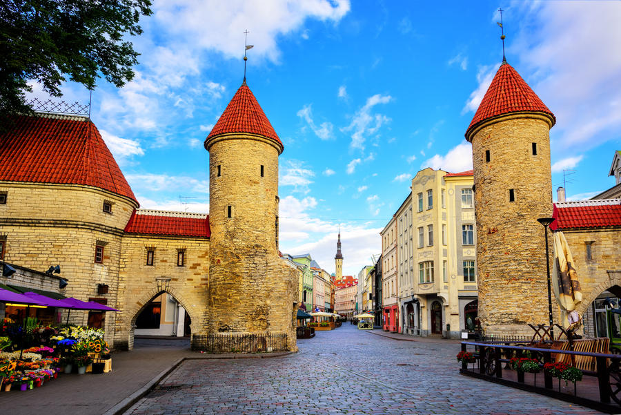 Twin towers of Viru Gate in the old town of Tallinn, Estonia