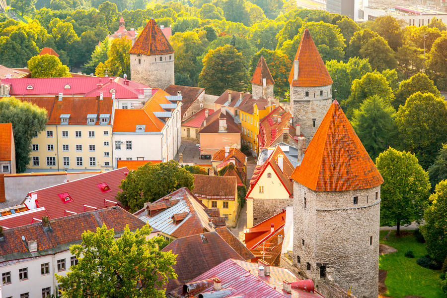 Aerial view on the fortification wall in the old town of Tallin, Estonia