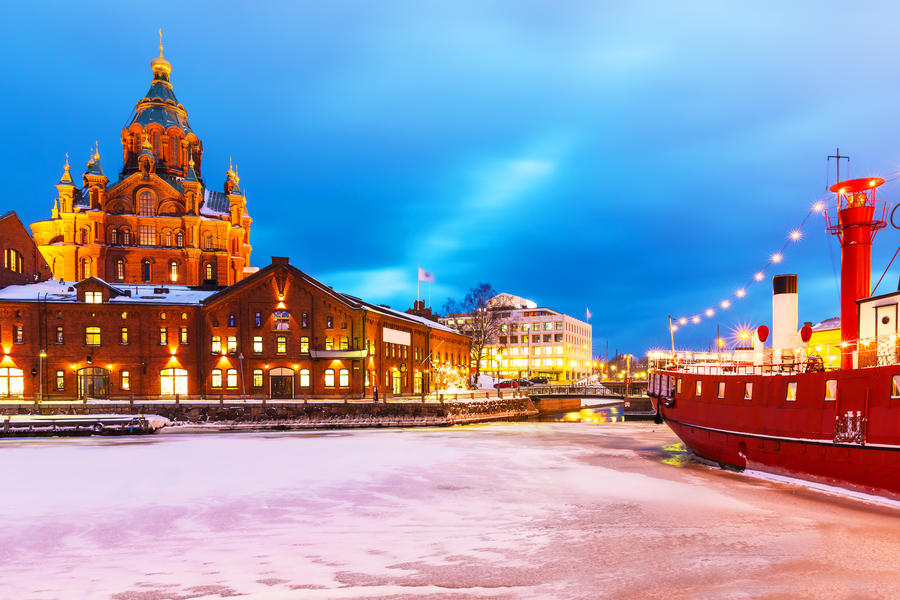 Scenic winter view of Katajanokka district with Uspenski Orthodox Cathedral Church in the Old Town of Helsinki, Finland